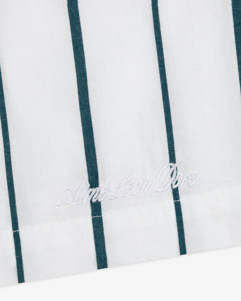 Striped Poplin Leisure Short: white fabric with vertical green stripes, American Polo logo embroidered near the hem.