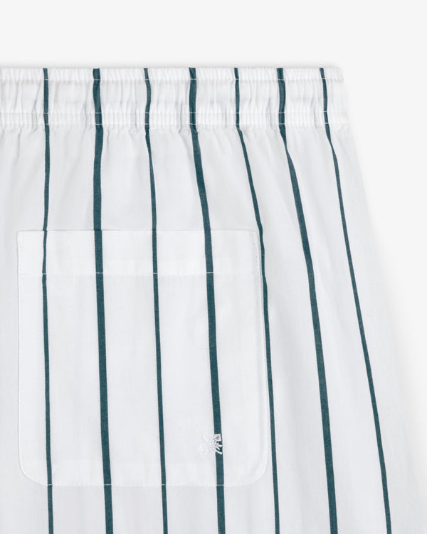 Striped Poplin Leisure Short: white fabric with vertical green stripes, square stitched pocket, and elastic waistband.