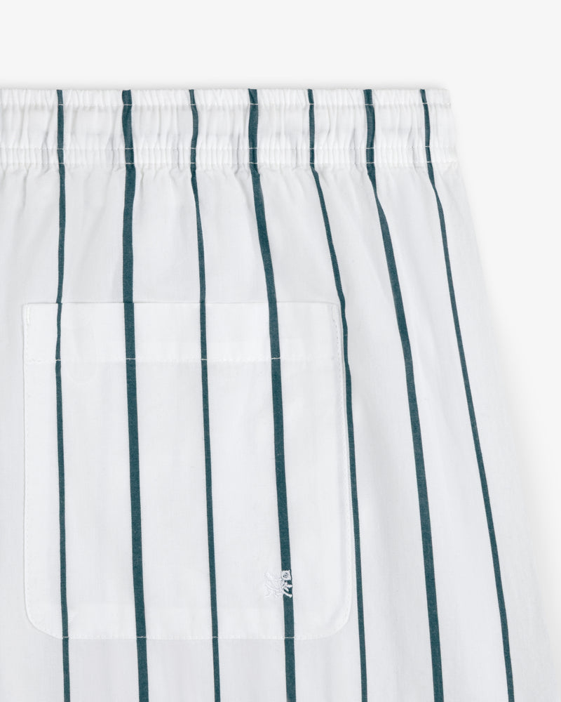 Striped Poplin Leisure Short: white fabric with vertical green stripes, square stitched pocket, and elastic waistband.