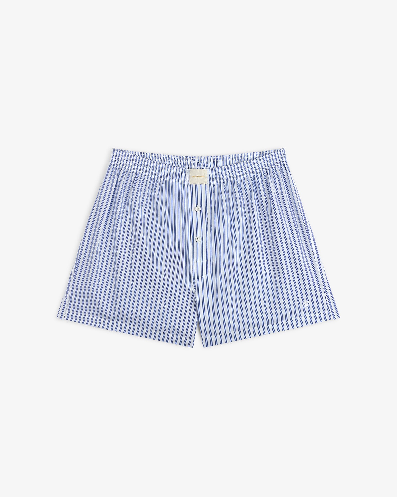 Striped Boxer Short in blue and white with front buttons, shown on a white background.