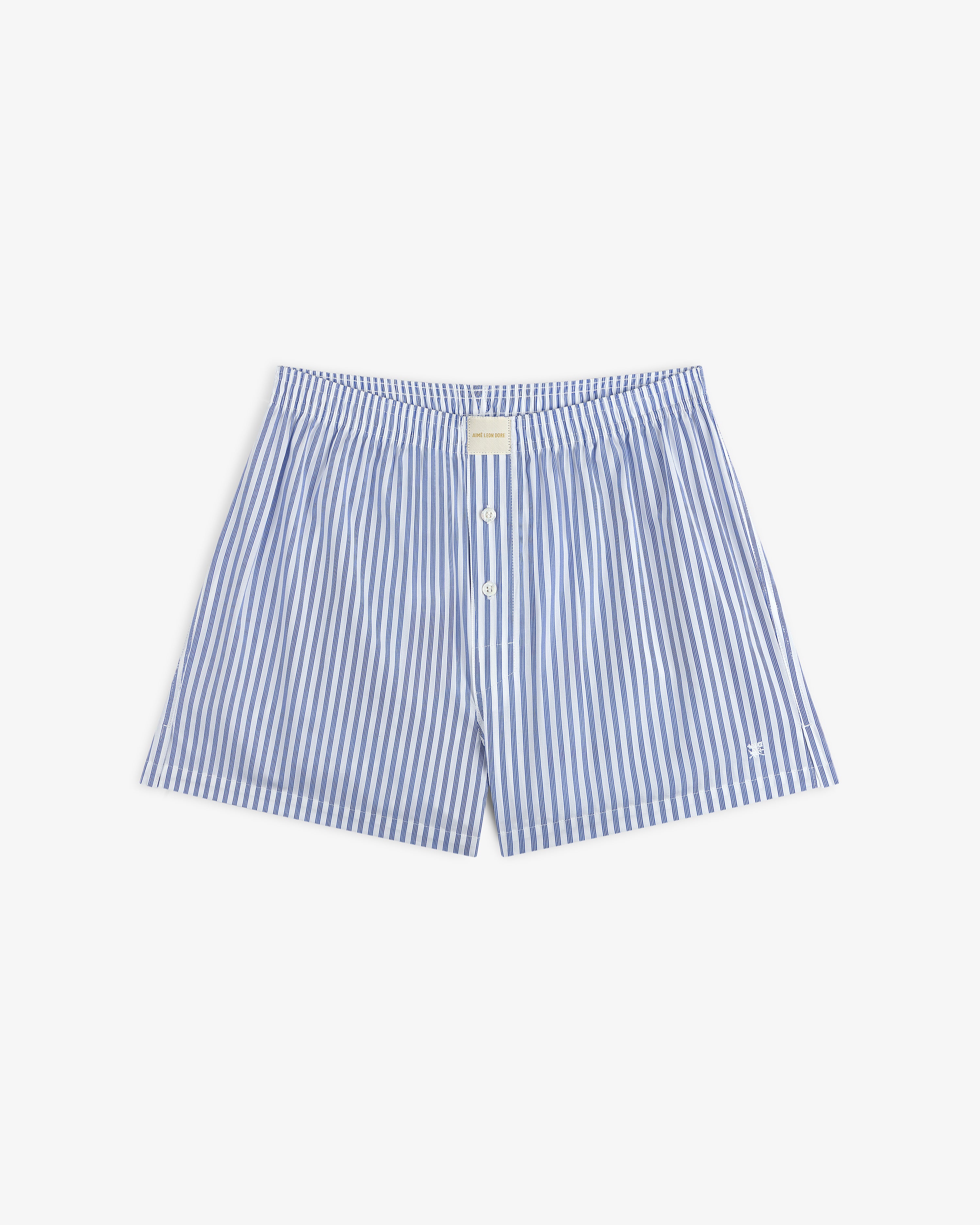 Striped Boxer Short in blue and white with front buttons, shown on a white background.