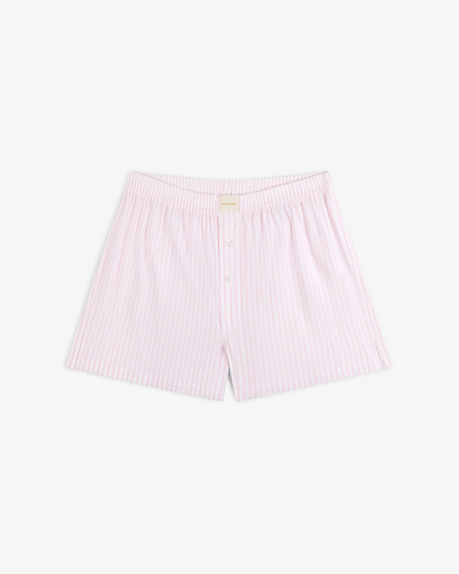 Striped Boxer Short: light pink and white vertical stripes, elastic waistband, buttoned front for men.