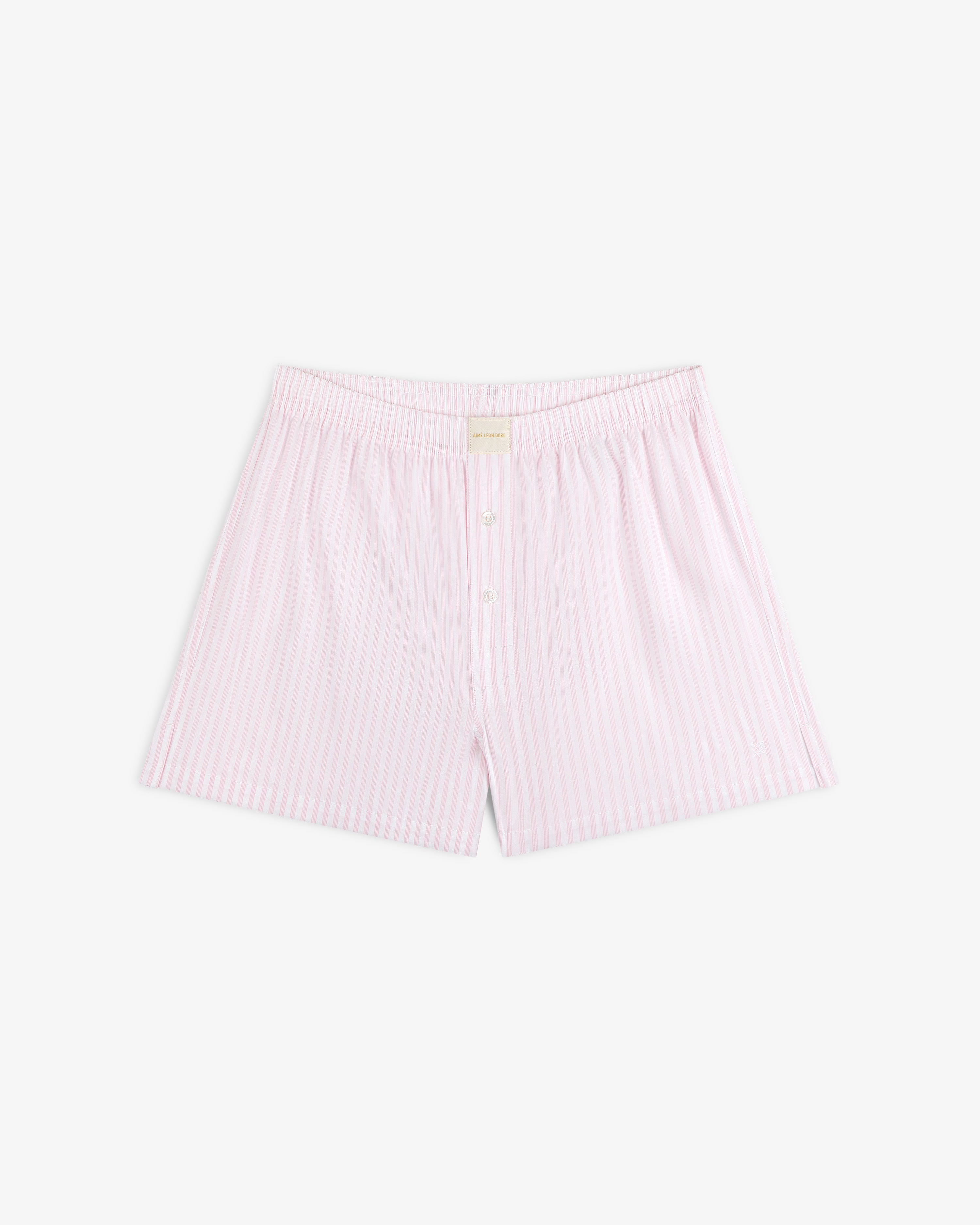 Striped Boxer Short: light pink and white vertical stripes, elastic waistband, buttoned front for men.
