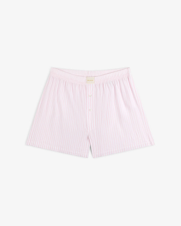 Striped Boxer Short: light pink and white vertical stripes, elastic waistband, buttoned front for men.