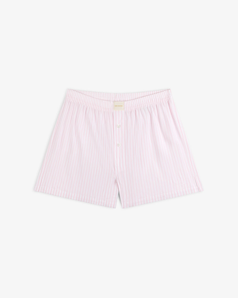 Striped Boxer Short: light pink and white vertical stripes, elastic waistband, buttoned front for men.