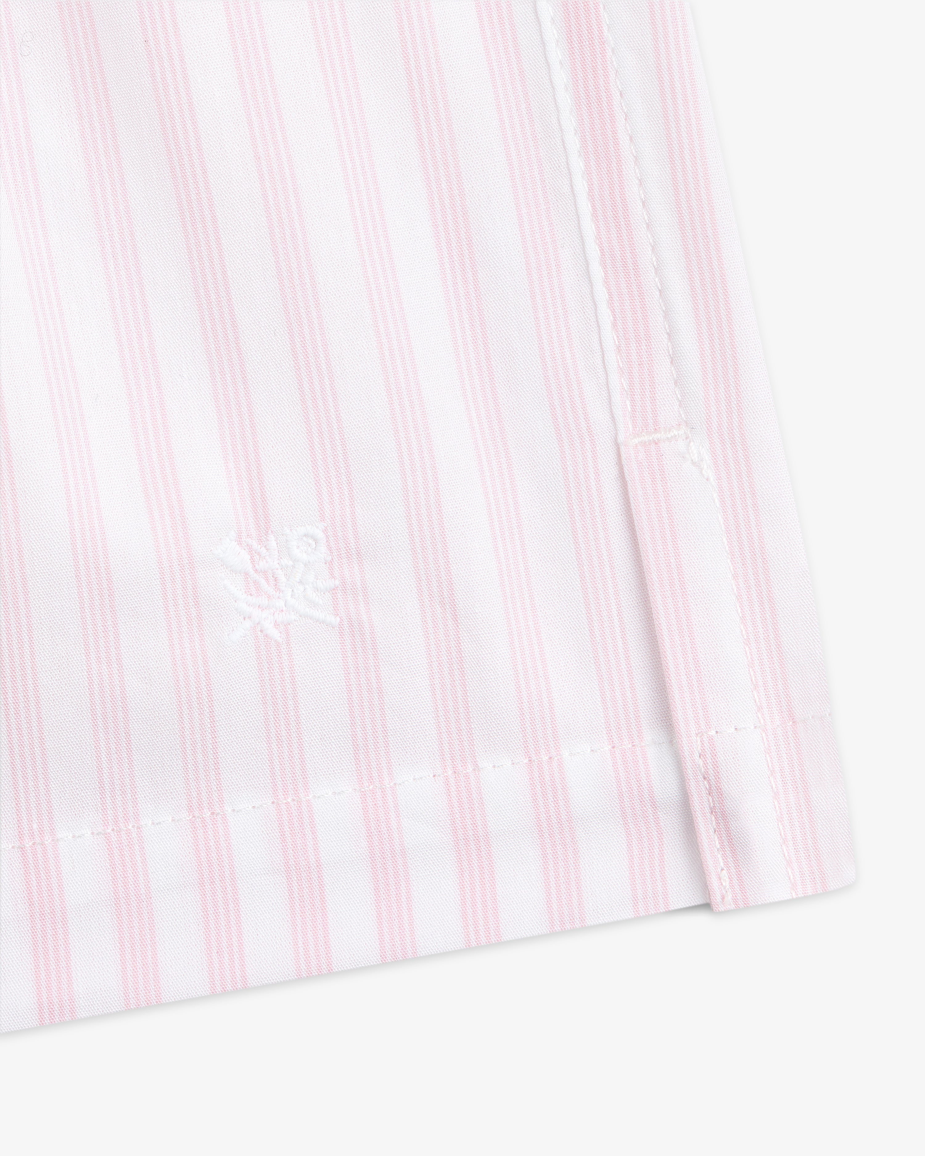 Close-up of Striped Boxer Short featuring pink and white vertical stripes and a white embroidered logo near the hem.