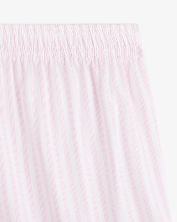 Close-up of Striped Boxer Short featuring white fabric with light pink vertical stripes and an elastic waistband.