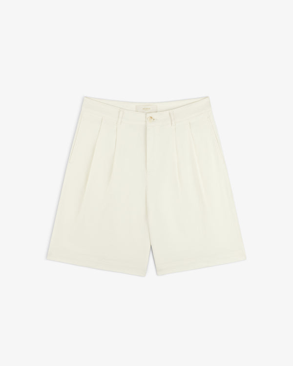 Pleated Linen Blend Bermuda Short in cream with side pockets, front button, and zipper closure on a white background.