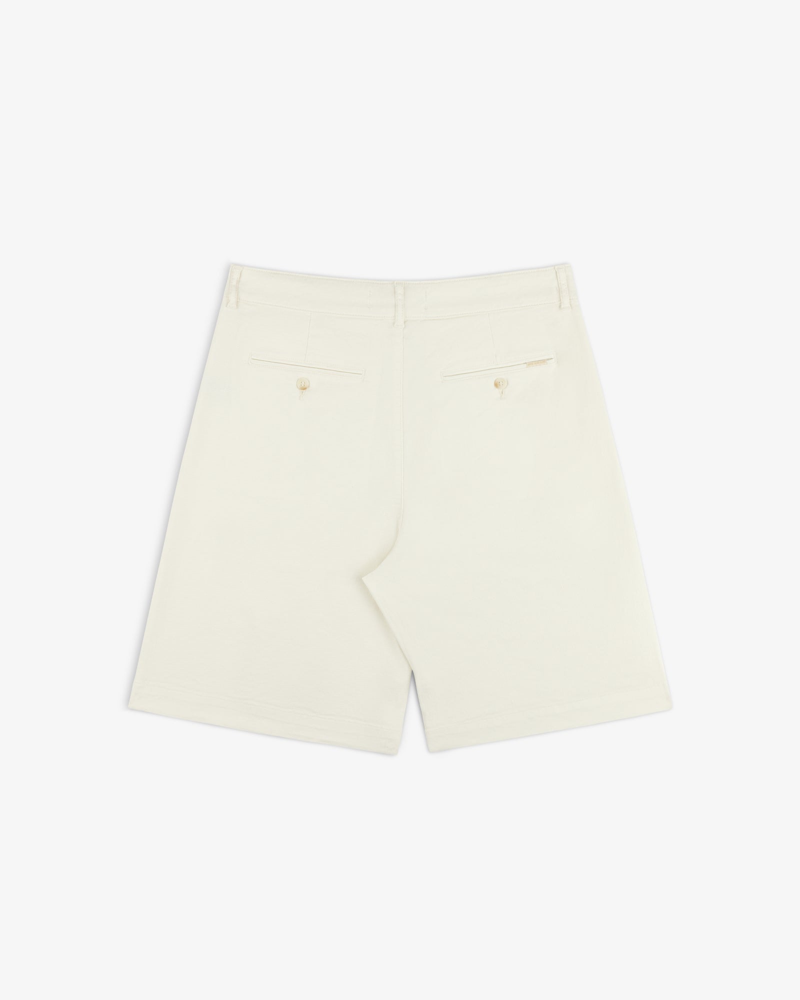 Back view of Pleated Linen Blend Bermuda Short in cream with two back pockets and buttons, shown on white background.