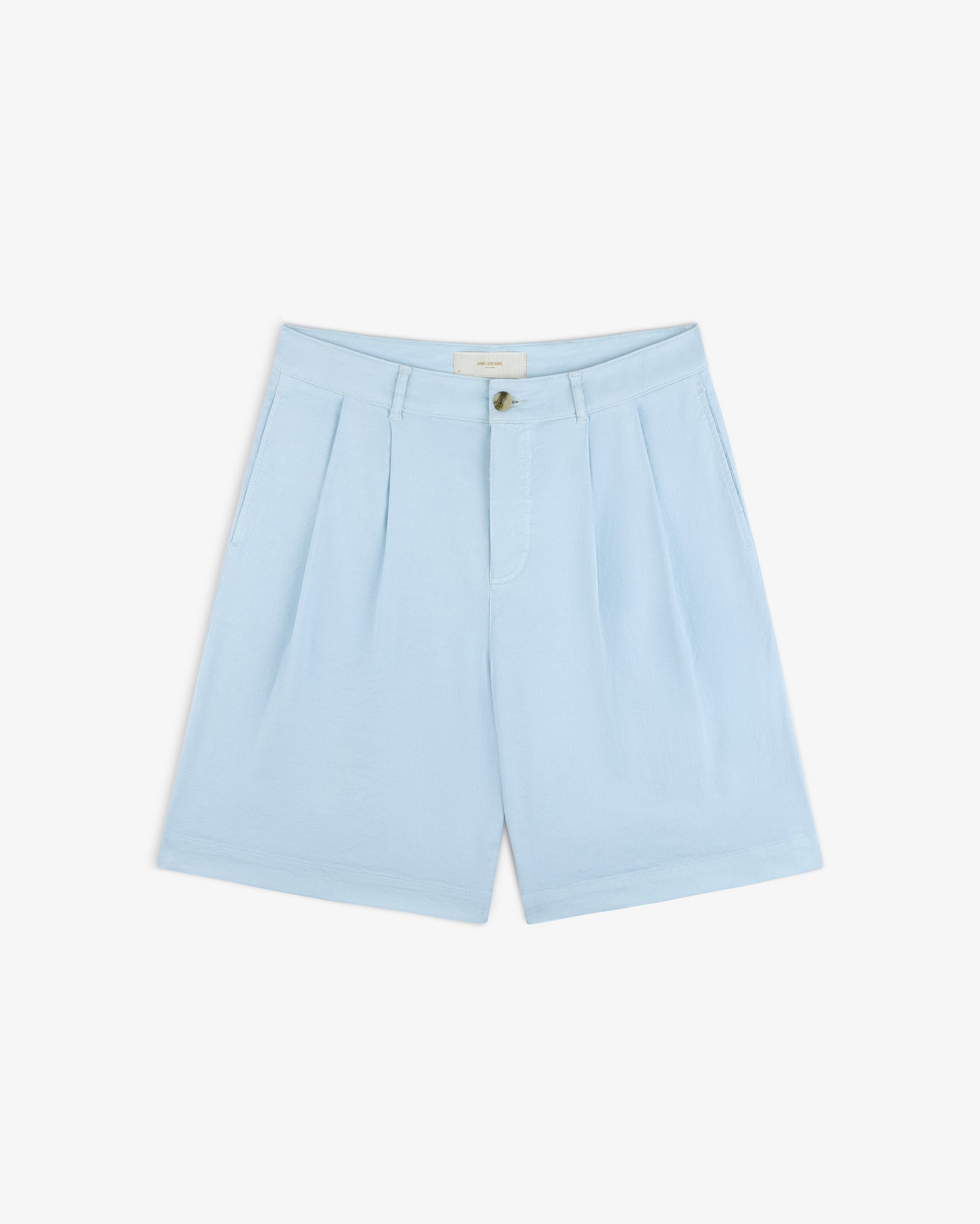 Pleated Linen Blend Bermuda Short in light blue with button and zip, front pockets, and belt loops on white background.