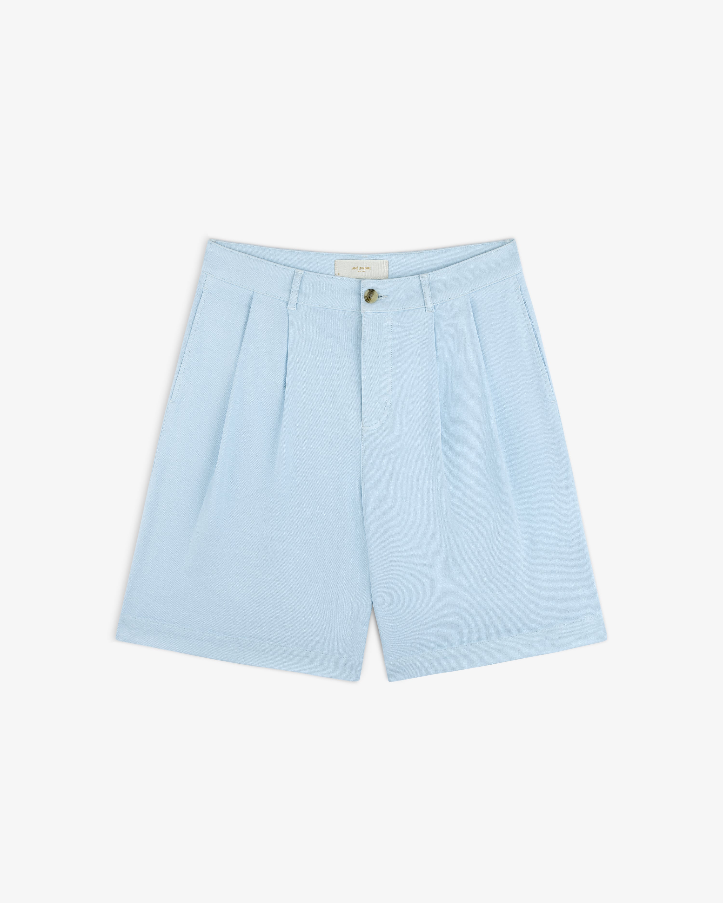 Pleated Linen Blend Bermuda Short in light blue with button and zip, front pockets, and belt loops on white background.
