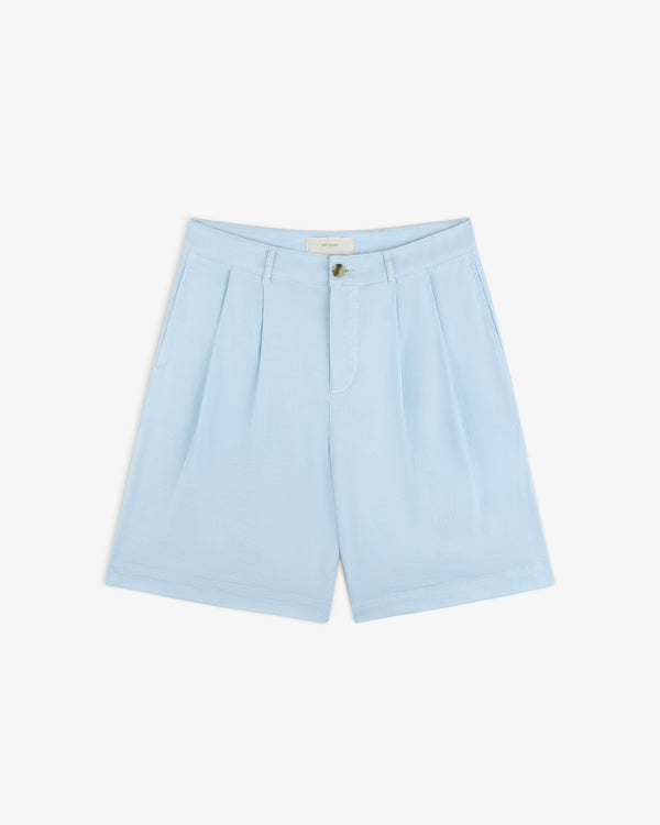 Pleated Linen Blend Bermuda Short in light blue with button and zip, front pockets, and belt loops on white background.