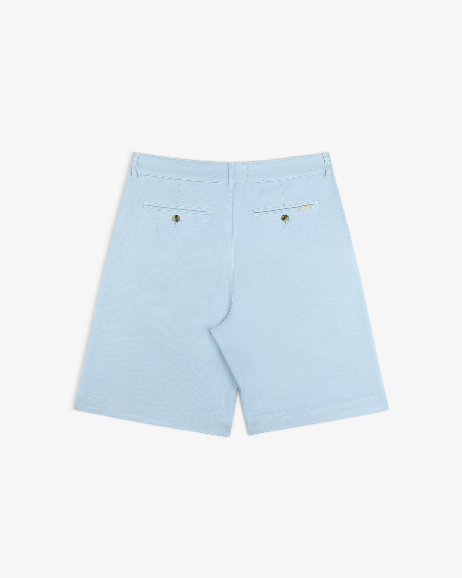 Pleated Linen Blend Bermuda Short in light blue, shown from the back with buttoned rear pockets and a tag above the right.