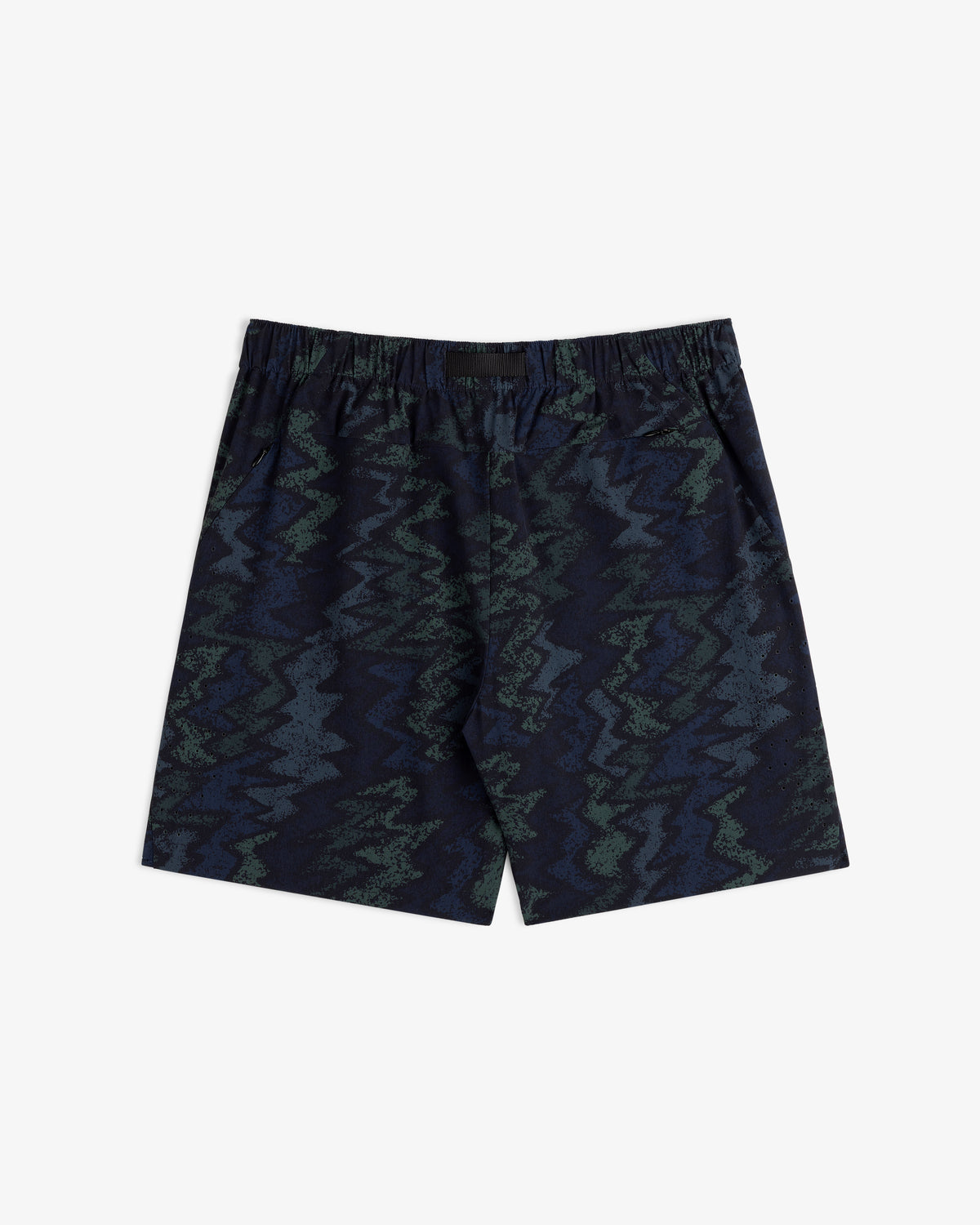ALD Golf Performance Short in navy blue with a green and blue zigzag abstract pattern on a white background.