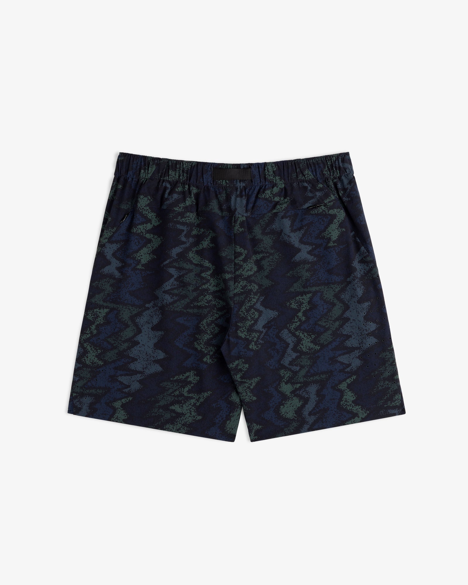 ALD Golf Performance Short in navy blue with a green and blue zigzag abstract pattern on a white background.