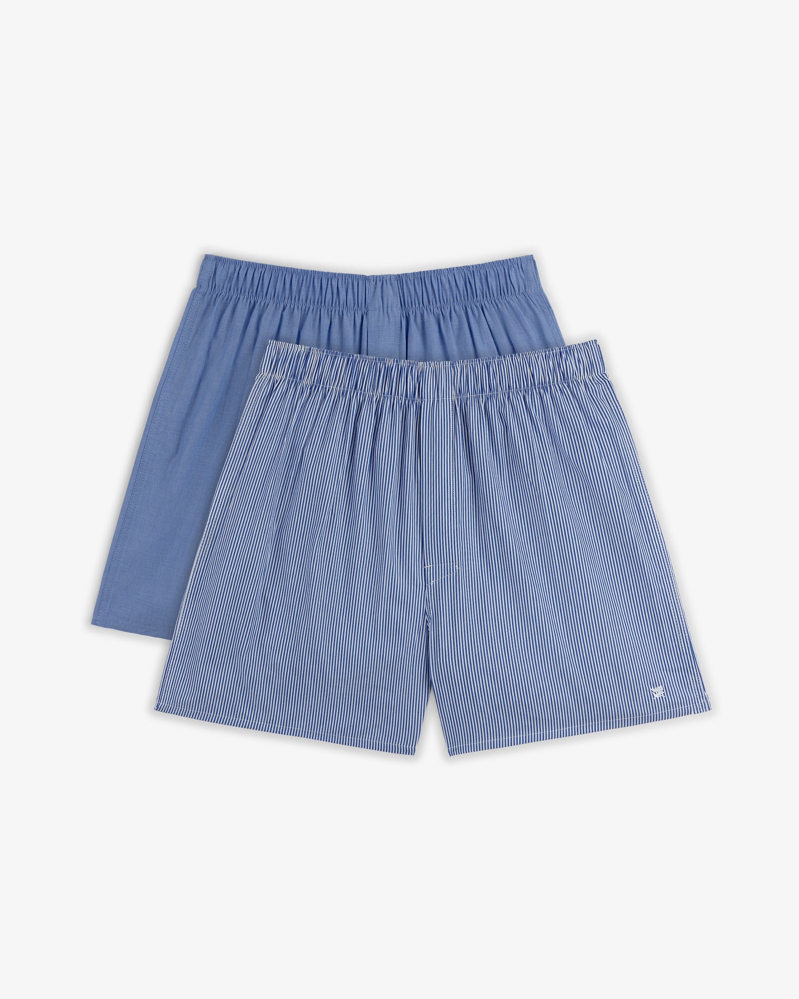 Boxer Short 2-Pack: one solid blue pair and one blue with white pinstripes, laid flat on a white background.