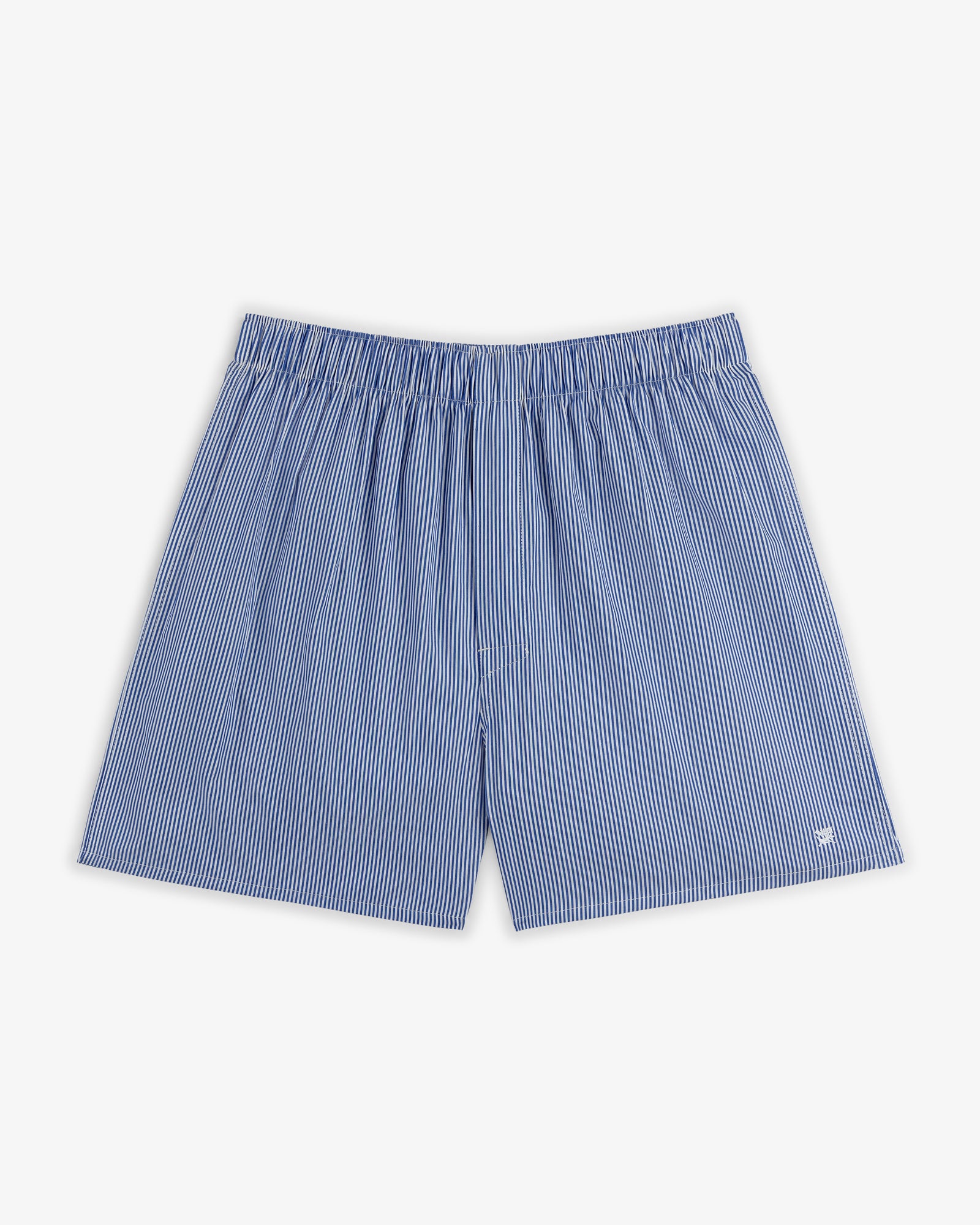 Boxer Short 2-Pack in blue and white vertical stripes, elastic waistband, shown on a white background.