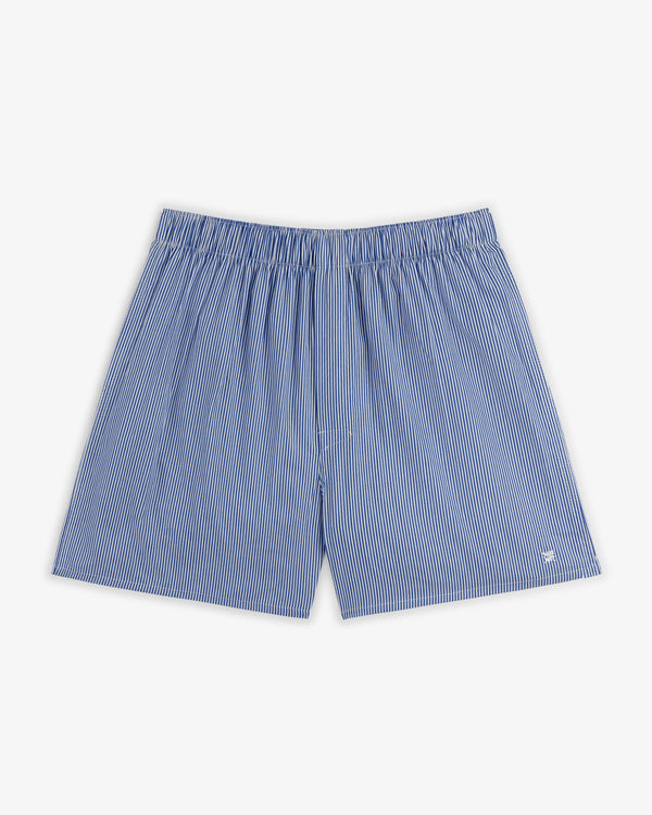 Boxer Short 2-Pack in blue and white vertical stripes, elastic waistband, shown on a white background.