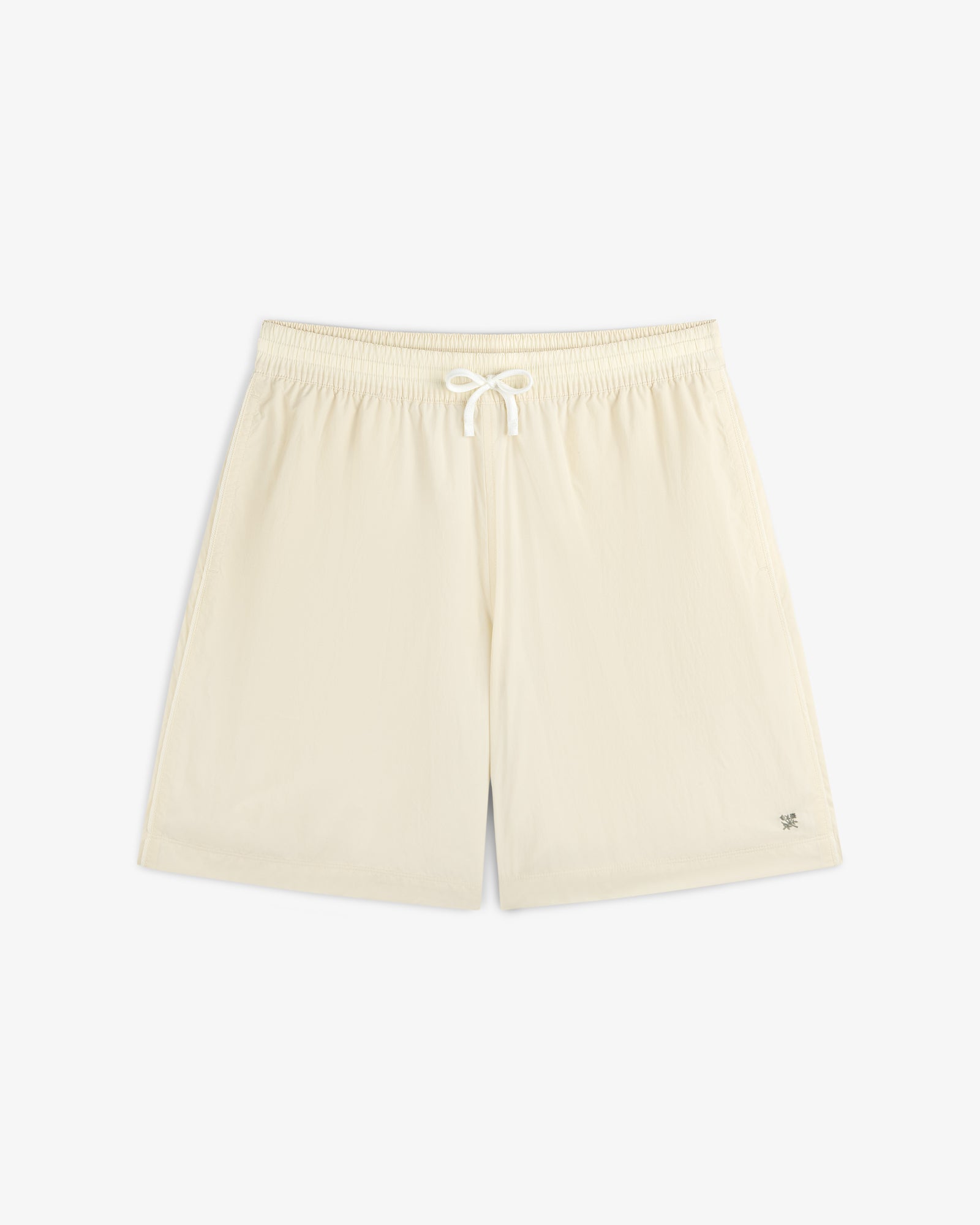Long Nylon Track Short in off-white with drawstring and elastic waistband, shown flat on a white background.