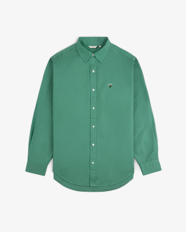 Leon Overshirt: green long-sleeve button-up with small bee logo embroidered on the left chest.