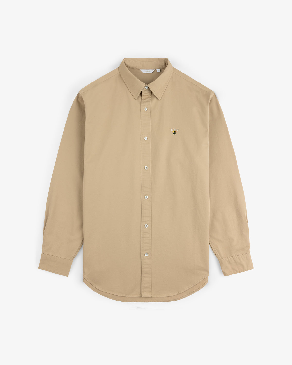 Leon Overshirt in beige, long-sleeve with button-up front and small embroidered bee on left chest, shown on white background.