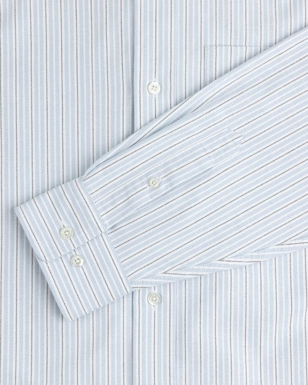 Yarn Dyed Striped Crest Shirt in light blue and white with visible buttons and a chest pocket.