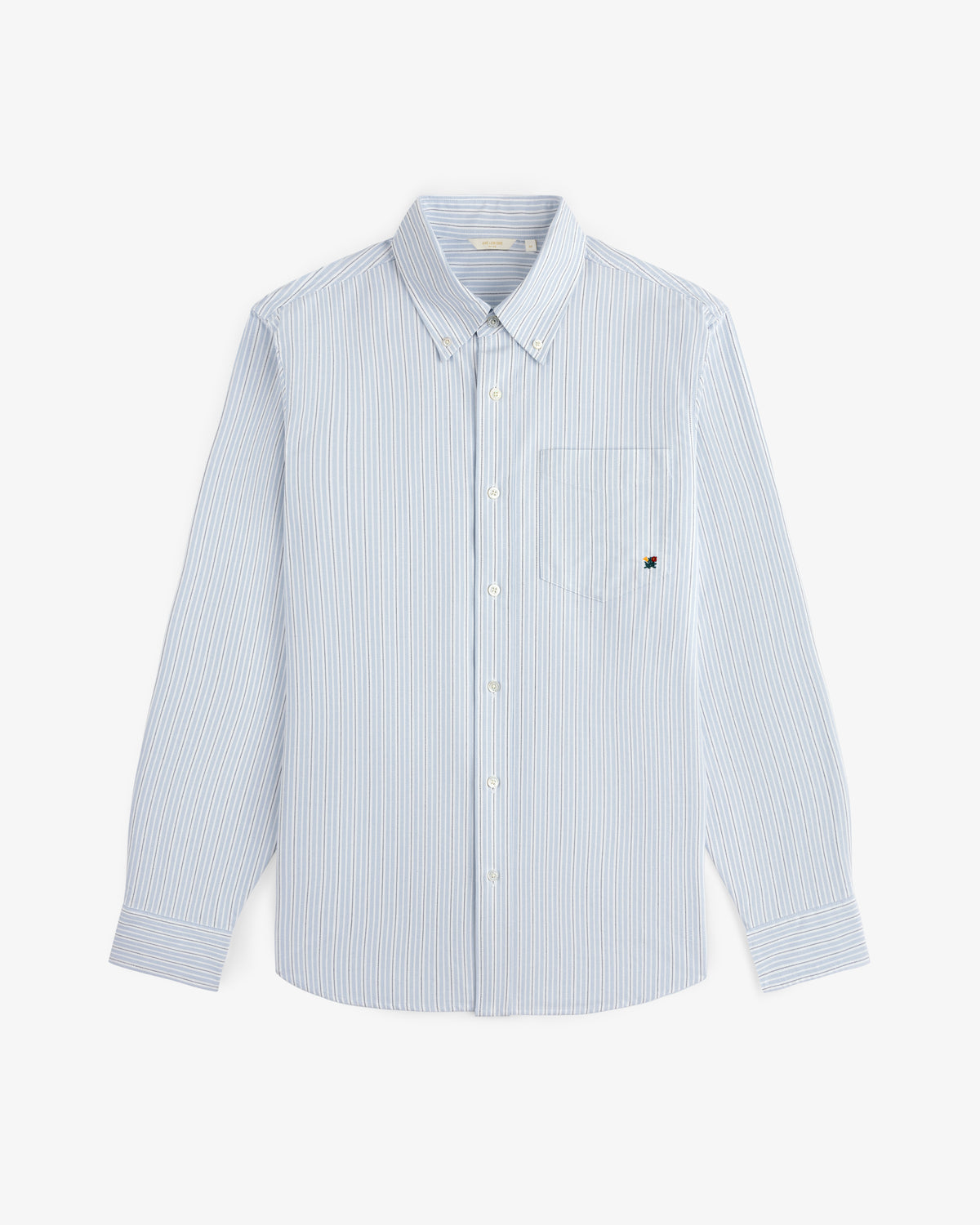 Yarn Dyed Striped Crest Shirt in light blue and white, long sleeves, button-up, front pocket, laid flat on white.
