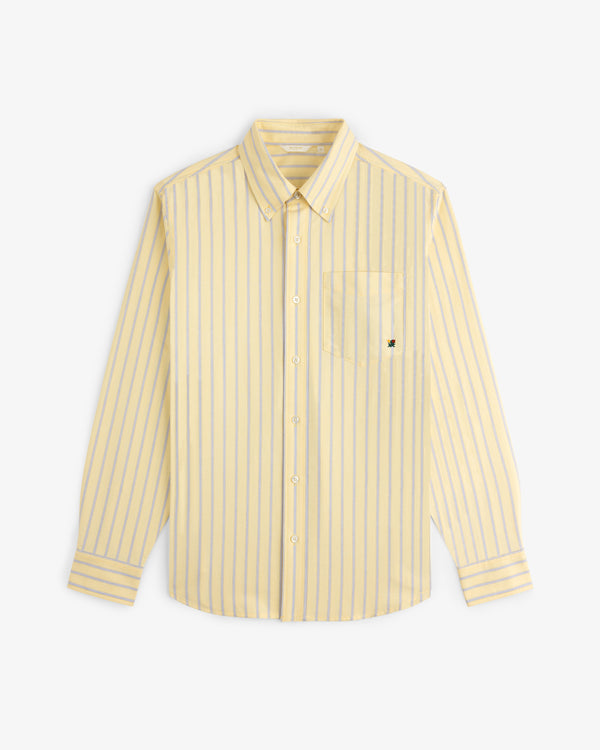 Yarn Dyed Striped Crest Shirt: yellow, long-sleeve, button-up with blue stripes and a chest pocket.