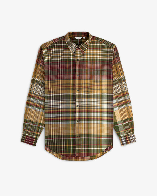 Washed Madras Shirt: Long-sleeve button-up with a multicolored plaid in green, red, yellow, and white.