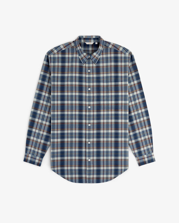 Washed Madras Shirt in blue, white, and brown plaid, long-sleeve, button-down, laid flat on a white background.