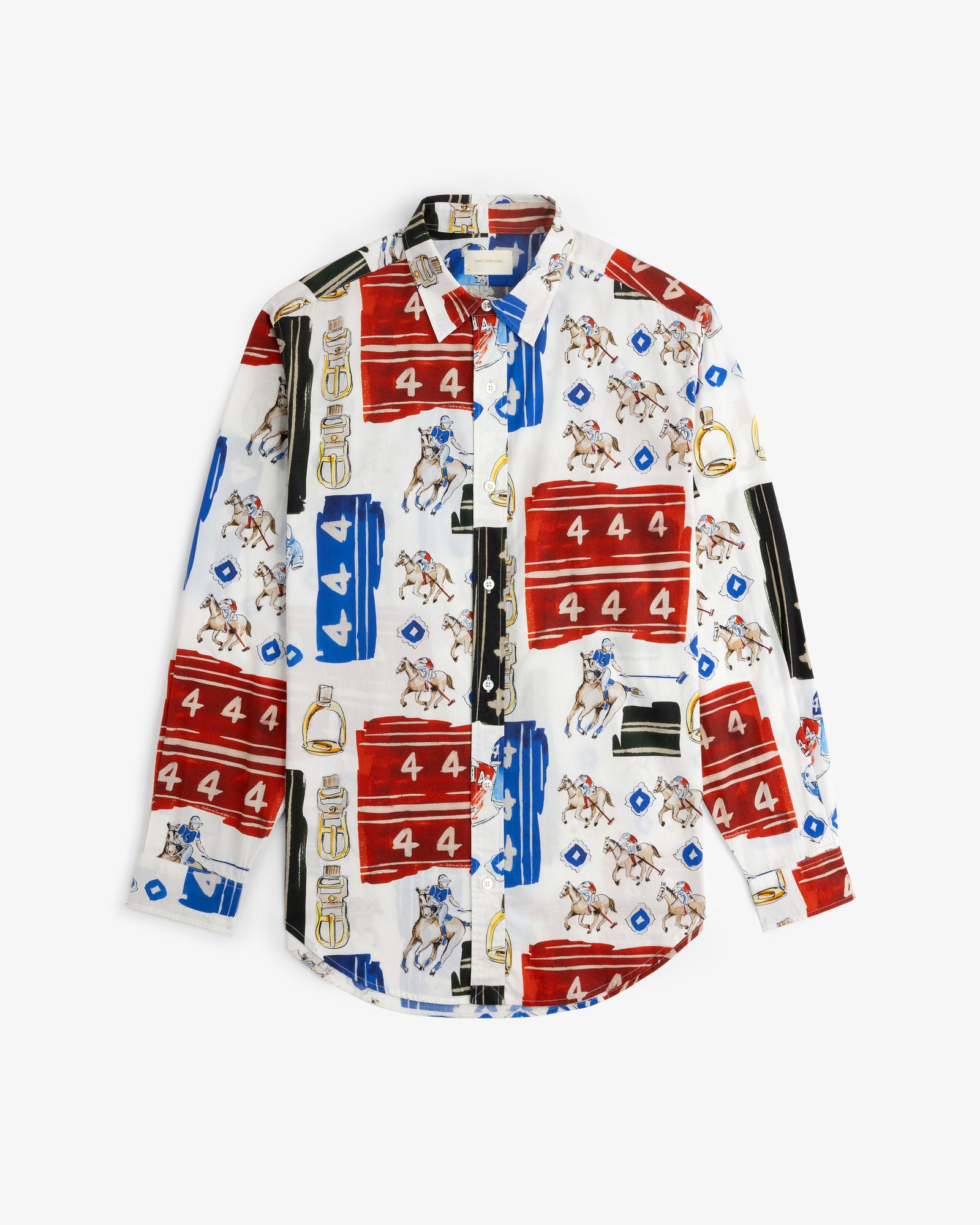Printed Leon Overshirt: long-sleeve button-up with colorful horse, number, and abstract prints in red, blue, black & gold.