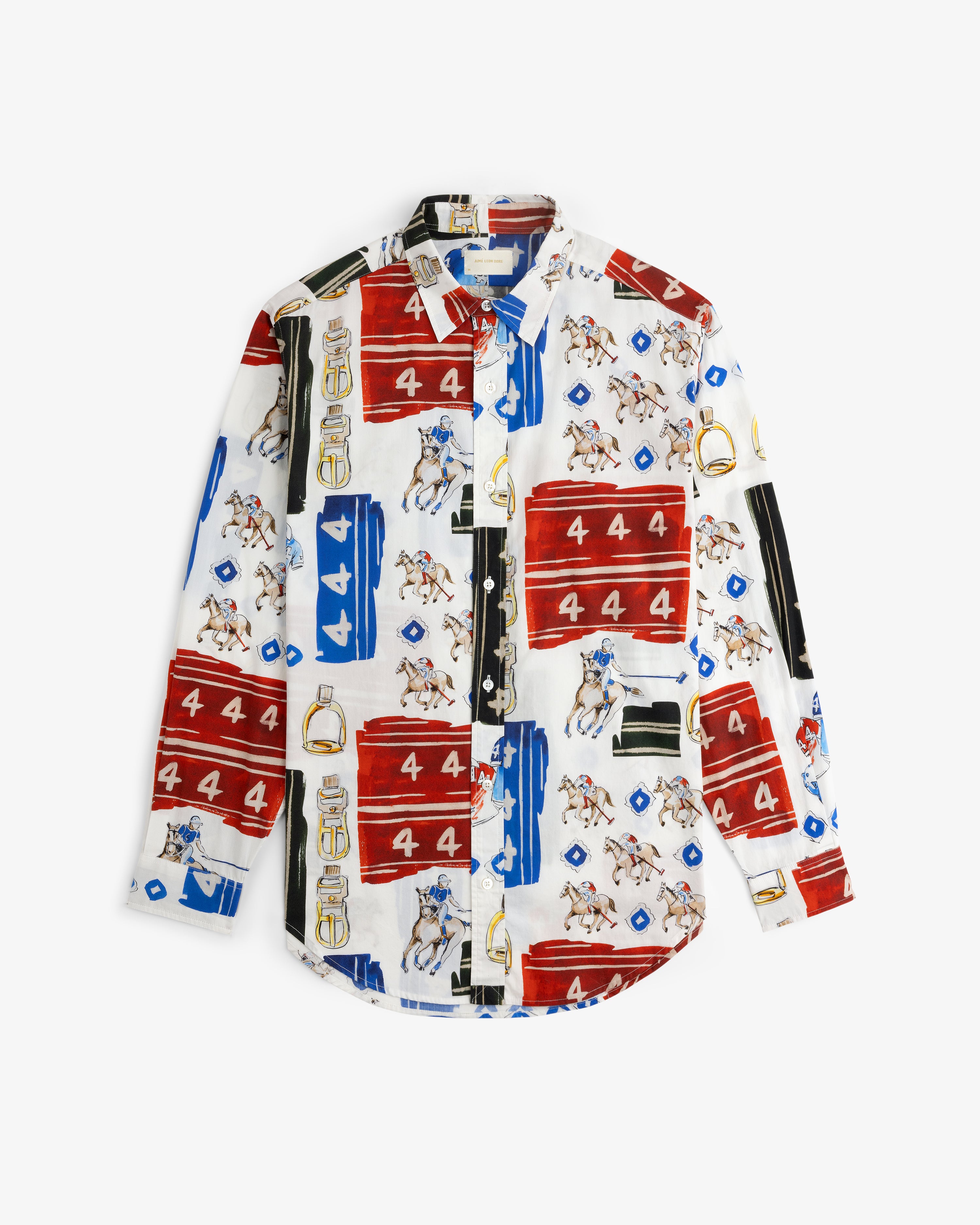 Printed Leon Overshirt: long-sleeve button-up with colorful horse, number, and abstract prints in red, blue, black & gold.