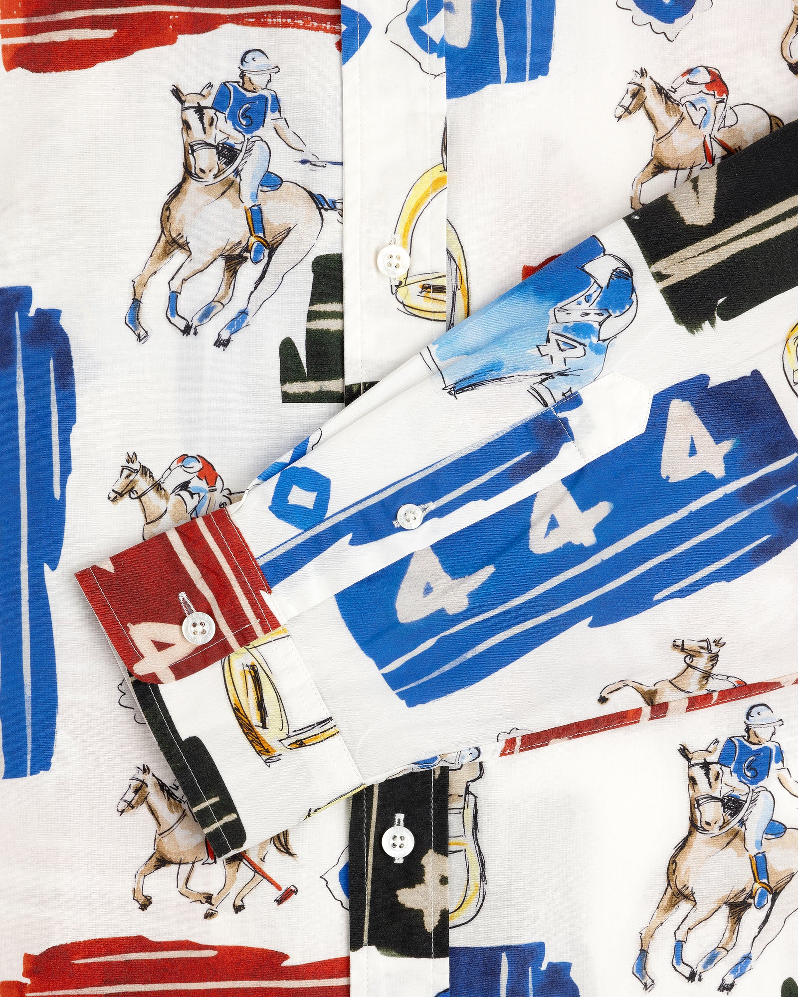 Printed Leon Overshirt with colorful horse-racing design, featuring jockeys, numbers, and bold brushstroke patterns.