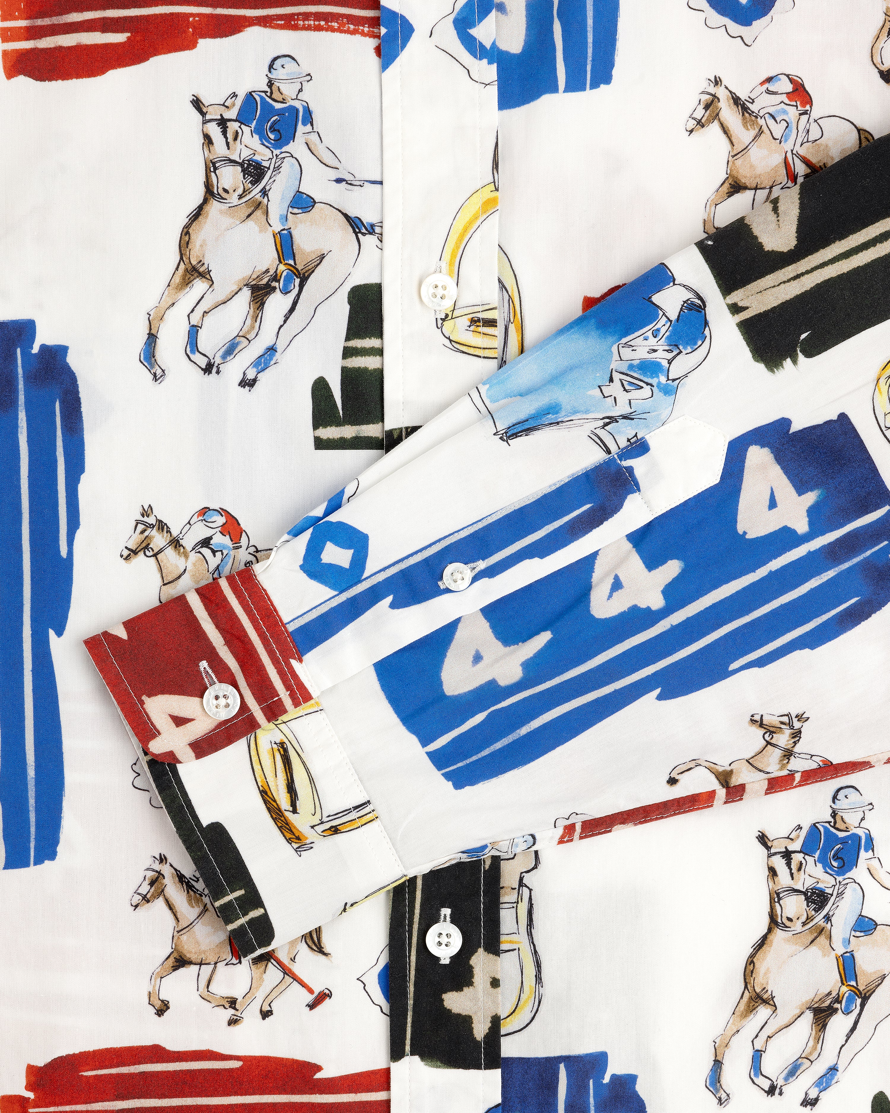 Printed Leon Overshirt with colorful horse-racing design, featuring jockeys, numbers, and bold brushstroke patterns.