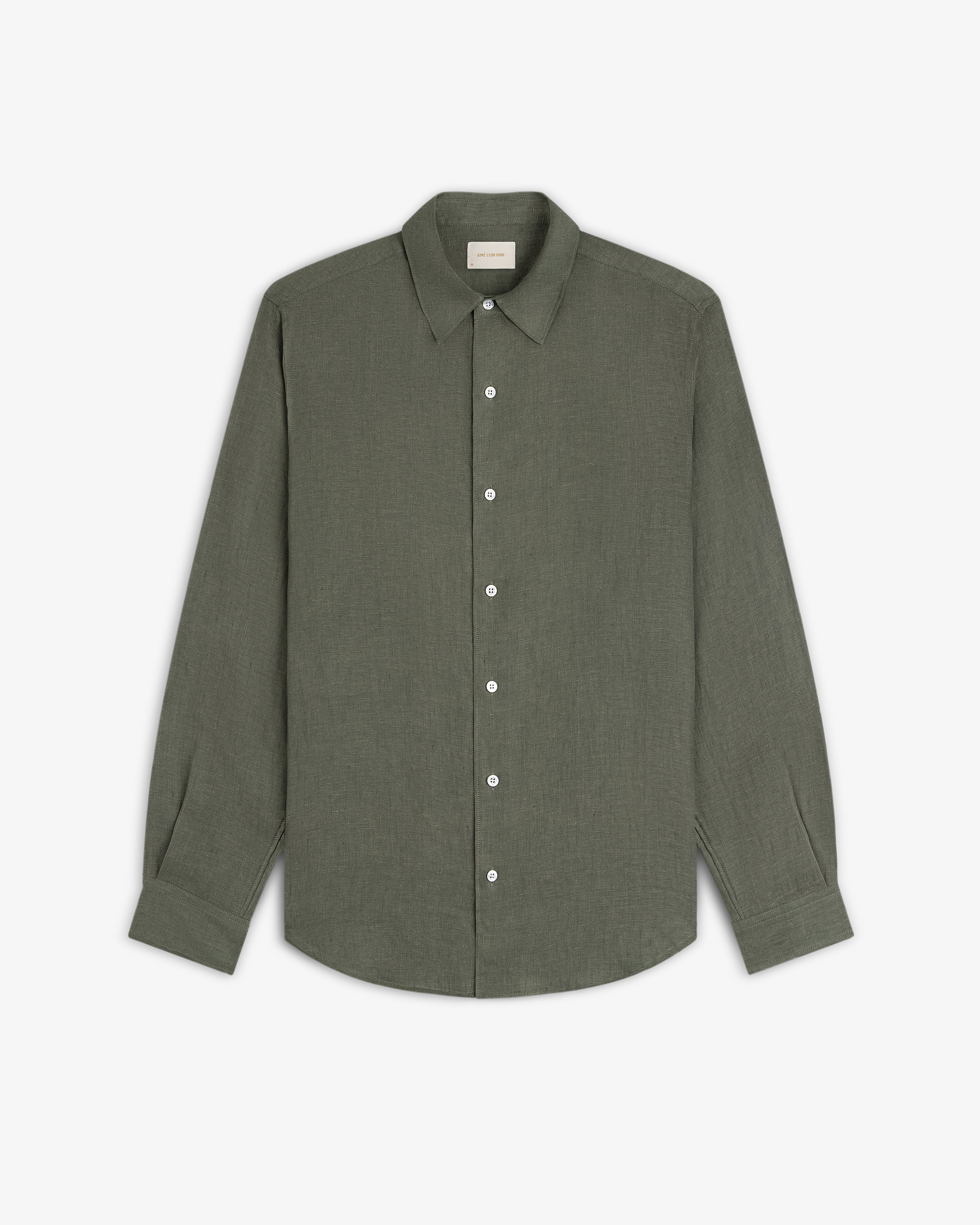 Long-Sleeve Linen Shirt in olive green with a collar, button-up style, shown on a white background.