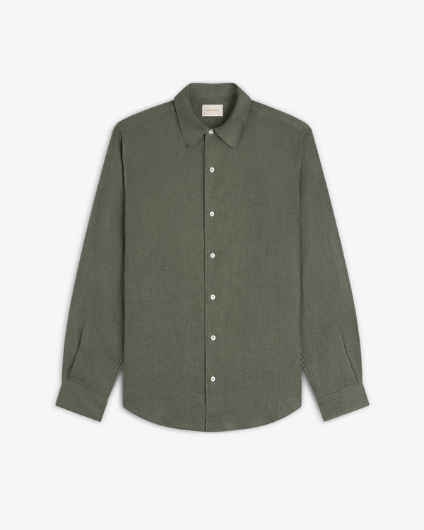 Long-Sleeve Linen Shirt in olive green with a collar, button-up style, shown on a white background.