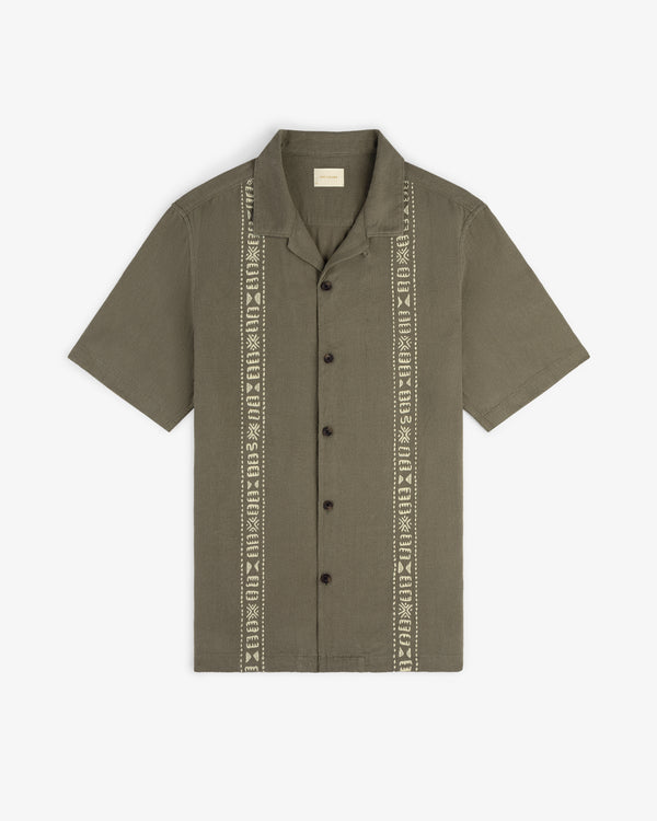 Linen Blend Leisure Shirt: short-sleeve olive green button-up with two beige geometric stripes on the front.