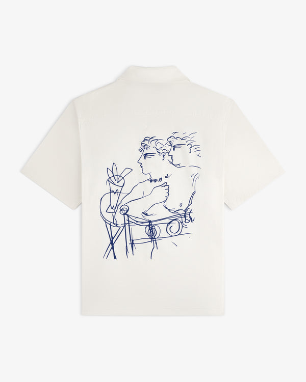 Fassianos "Rendez - Vous" camp shirt with blue abstract line art of two figures and a plant on the back.