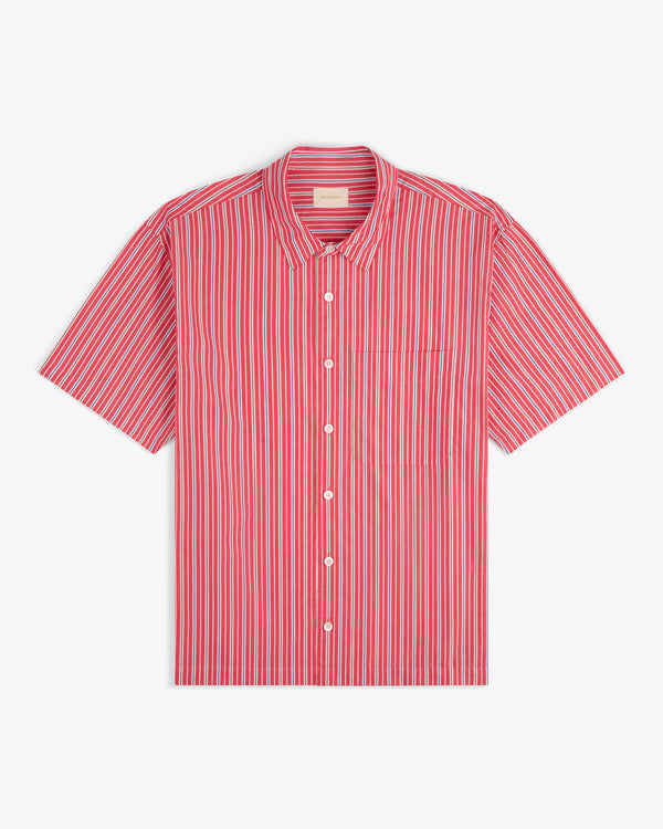 The Yarn Dyed Striped Shirt is a red and white vertical stripe short-sleeve button-up with a chest pocket.