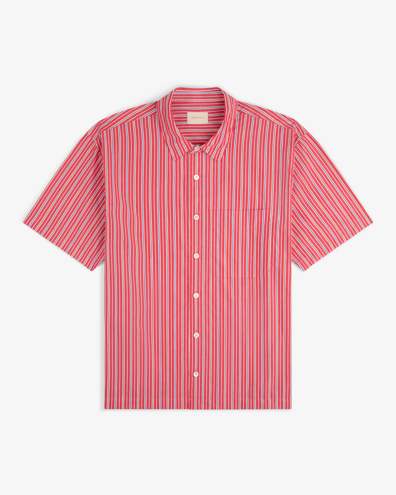 The Yarn Dyed Striped Shirt is a red and white vertical stripe short-sleeve button-up with a chest pocket.