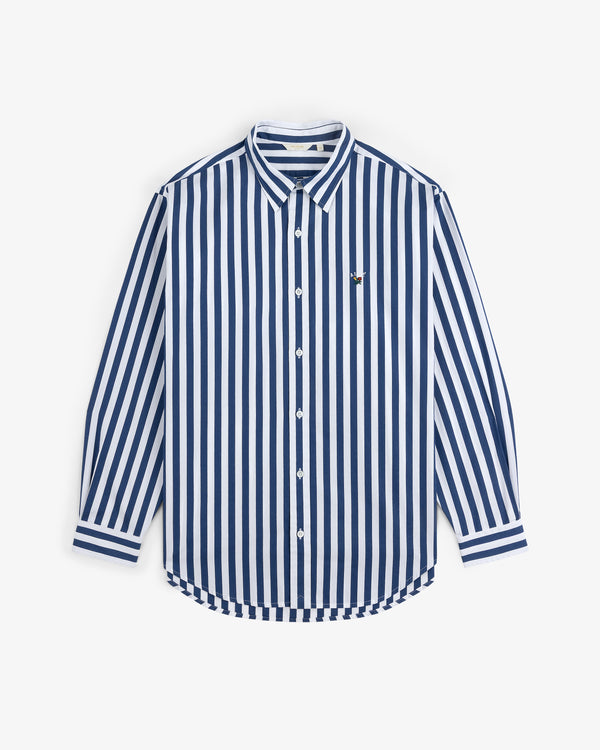 Striped Leon Overshirt: long-sleeved button-up with vertical blue and white stripes and chest logo.