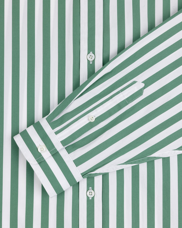 Striped Leon Overshirt in green and white with vertical stripes, long sleeves, and white buttons, viewed from above.