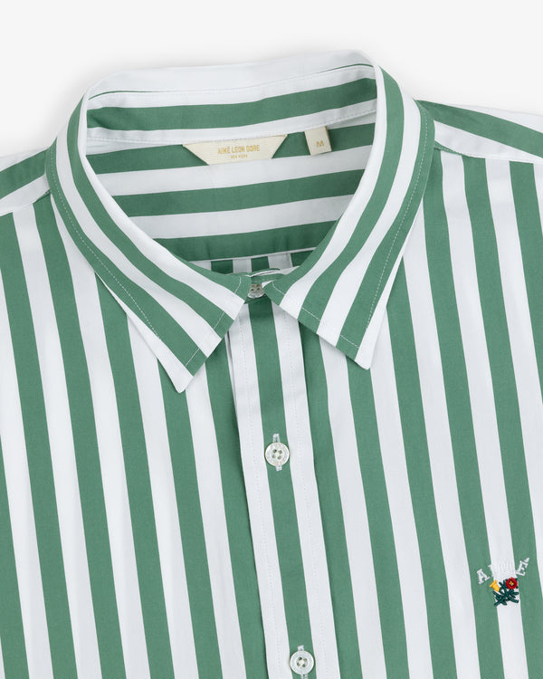 Striped Leon Overshirt: green and white vertical stripes, button-up, collared, small chest embroidered logo.