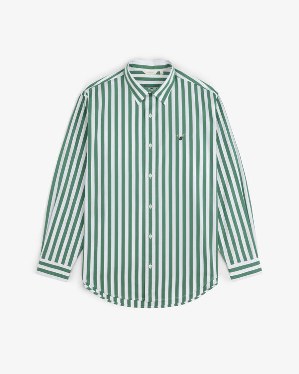 Striped Leon Overshirt: green and white vertical stripes, long sleeves, button-up, small chest logo.