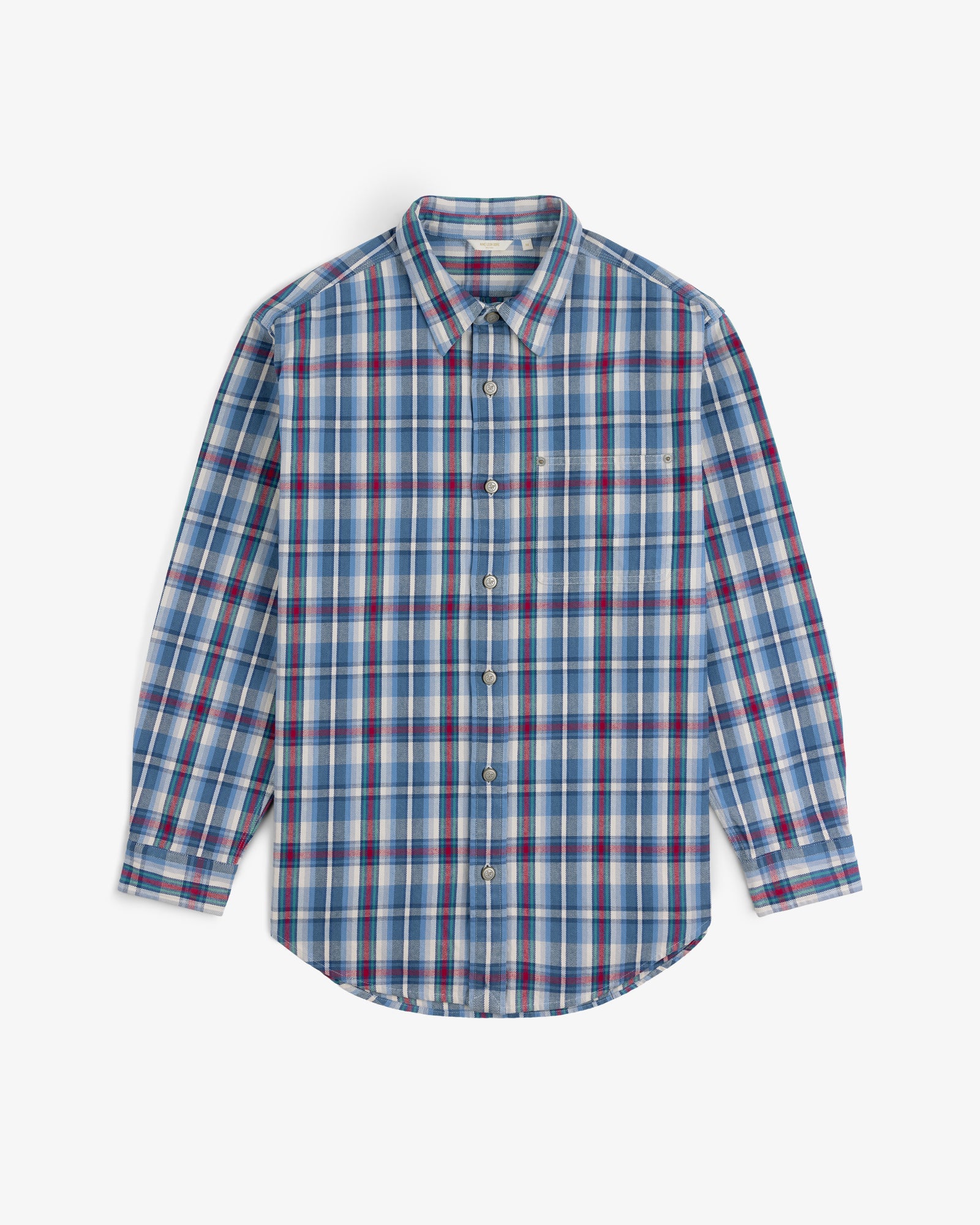 Plaid Work Shirt with blue, white, and red checks, long sleeves, button-up, shown flat on white background.