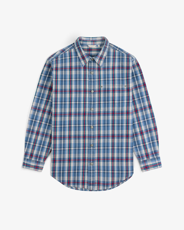 Plaid Work Shirt with blue, white, and red checks, long sleeves, button-up, shown flat on white background.