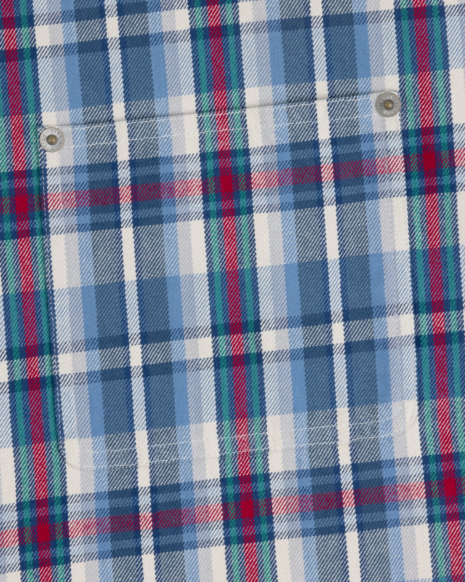 Blue, white, and red Plaid Work Shirt with two metal snap buttons visible near the top.