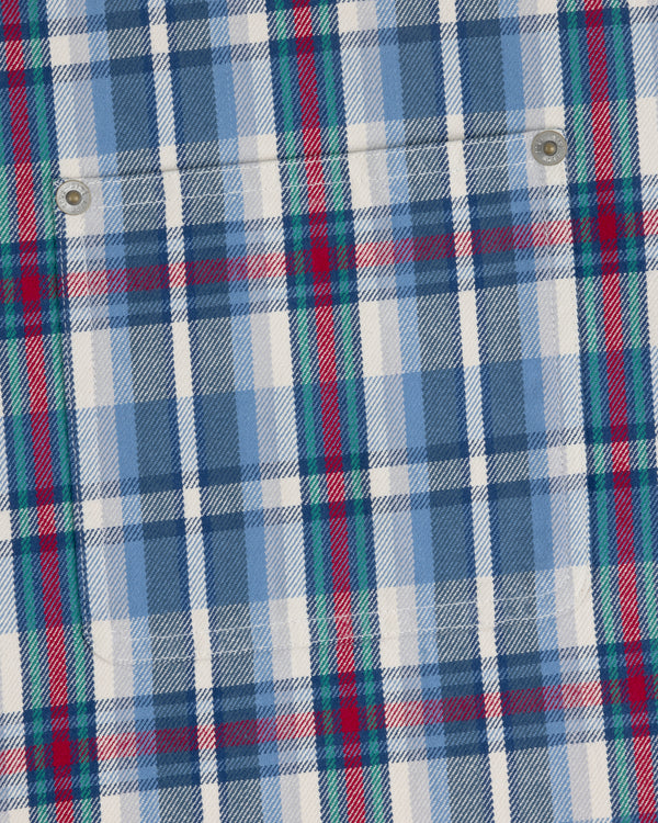 Blue, white, and red Plaid Work Shirt with two metal snap buttons visible near the top.
