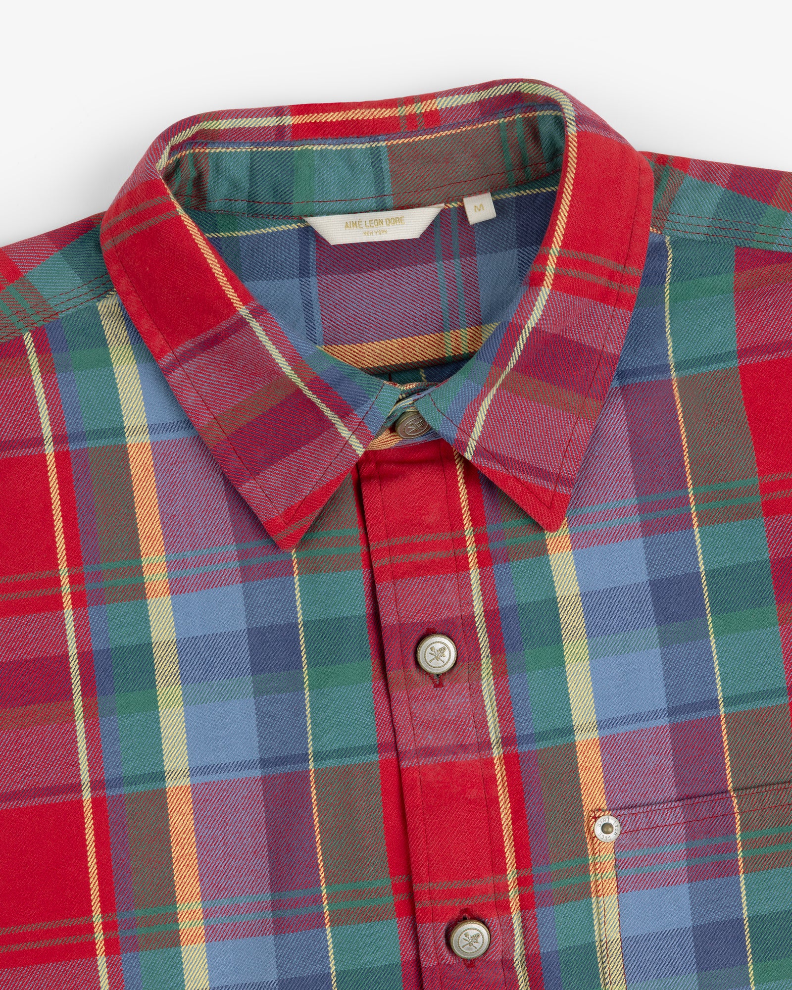 Plaid Work Shirt in red, blue, green, and yellow with button-up front, collar, and chest pocket.