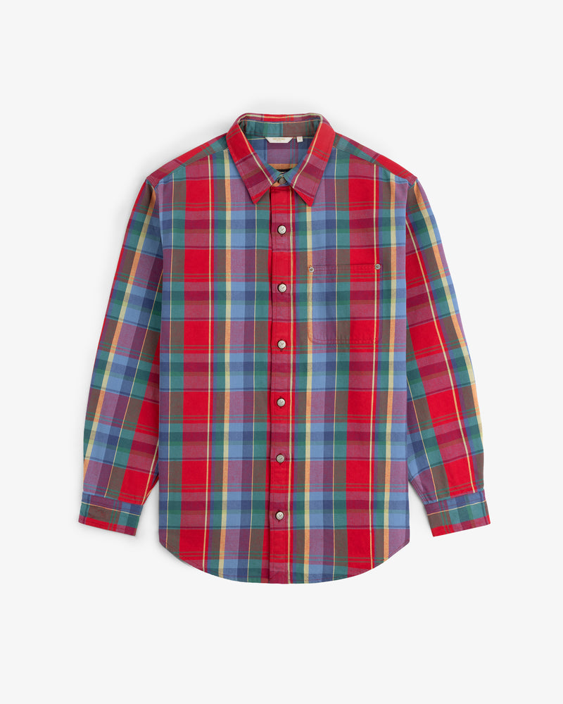 Plaid Work Shirt in red, blue, and green with long sleeves and chest pocket, displayed on a white background.